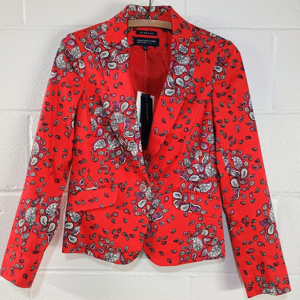 Jones New York Signature Blazer Jacket Women 4 Petite Red Paisley Career MSP$149
